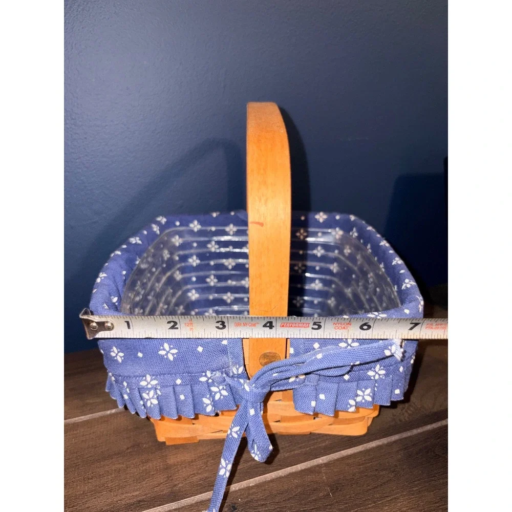 Longaberger Woven Wood Basket Blue Floral Liner‎ Plastic Protector Swing Handle
